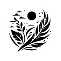 Black and White Nature Silhouette Leaves, Clouds, and Sun Within a Circular Composition on White Background. vector