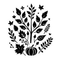 Black and White Illustration of a stylized Autumnal Composition Featuring Leaves, Branches, Pumpkin, and Decorative Elements. vector