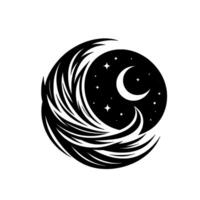 Artistic monochrome depiction of crescent moon within a starfilled night sky encased by flowing, stylized celestial swirls. vector