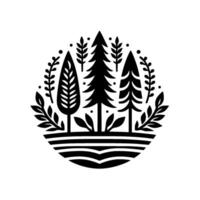 Minimalist Black and White Forest Scene in a Circular Emblem, Featuring Stylized Trees and Foliage. vector