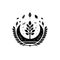 Minimalist Black and White Circular Emblem of a Tree Within Crescent Moons, Surrounding Leaves Birds vector