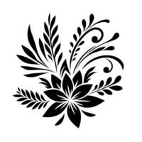 Black and White Floral Detailed illustration of stylized flower and leaves with swirls and botanical elements on white background. vector