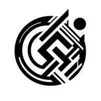 Abstract geometric featuring a black and white circular composition with sharp angles, curves, and a dot. vector