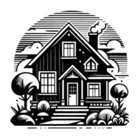 A black and white illustration of a cozy house with trees, clouds, and smoke, surrounded by a circular element, creating a harmonious and idyllic scene. vector