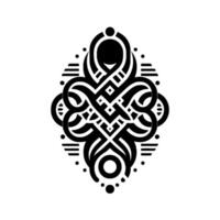 Symmetrical, ornate, black and white abstract geometric with interwoven shapes and detailed linear elements in a vertical arrangement. vector