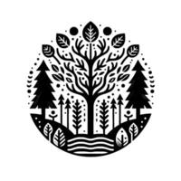 Stylized black and white circular landscape illustration of a tree in a forest, incorporating various trees, leaves, and water elements. vector