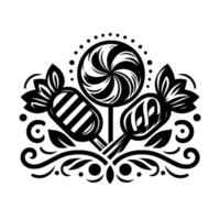 Black and white candy emblem featuring a swirly lollipop and two wrapped candies, adorned with decorative floral and dot elements. vector