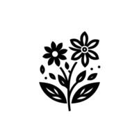 Minimalist Black and White Floral Emblem with Two Flowers, Leaves, and Subtle Dots, Set Against a Clean White Backdrop. vector