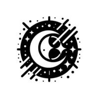 Abstract Black and White Celestial Emblem Crescent Moon, Stars, and Circular Pattern, Decorative and Symbolic . vector