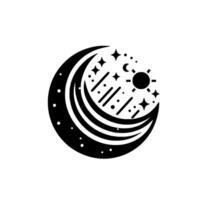 Black and White Celestial Symbol Crescent Moon Enveloping Sun, Stars, Dots, and Dotted Lines on White Background. vector