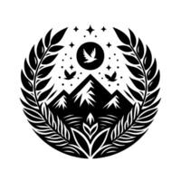 Black and white circular illustration of mountains, birds, moon, stars, and laurel leaves, creating a serene, minimalist nature . vector