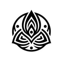 Intricate black and white Celticinspired floral symbol within a circle, featuring symmetrical interwoven patterns and dot accents against a pristine white background. vector