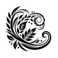 Black and white floral featuring leaves, swirling elements, and decorative dots, creating an elegant and stylized composition. vector