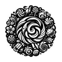 Intricate Black and White Circle Composition Large Lollipop Center Surrounded by Assorted Candies, Floral, and Decorative Elements. vector