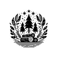 A circular black and white illustration depicting a winter scene with pine trees, logs, floral elements, and stars, creating a festive, minimalist aesthetic. vector