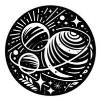A celestial circular featuring planets with rings, stars, constellations, and botanical accents, rendered in a bold black and white style. vector