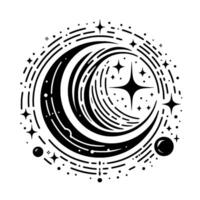Celestial Mandala Black and White Crescent Moon Surrounded by Stars, Nebulae, and Decorative Lines, in a Circular Arrangement. vector