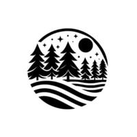 Stylized Black and White Illustration of a Mountainous Landscape with Pine Trees Under a Starry Night Sky within a Circular Frame. vector