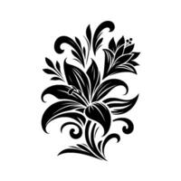 Elegant black and white floral , featuring a stylized lily and foliage with swirling decorative elements, on a clean white background. vector