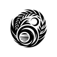 Abstract Yin Yang with Leaf Embellishments, Crescent, and Circle, Featuring Black Lines on White Canvas. vector
