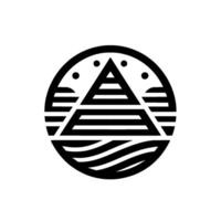 Abstract Geometric A black and white circular emblem featuring a striped pyramid centered within a stylized landscape, with dots above. vector