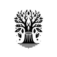 Black and White Symbolic Illustration of a Tree Stump with a Deer Silhouette and Foliage, Abstract Forest . vector