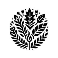 Intricate Black and White Circular Floral Featuring Leaves, Berries, and a Stylized Flame Element, Evoking Natures Balance. vector