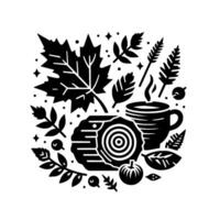 Black and White Illustration of Autumnal Elements Leaves, Log Slice, Coffee Cup, Pumpkin, and Berries, Creating a Cozy Composition vector