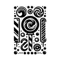 A monochrome, stylized confectionery showcasing a lollipop, swirl candies, and stick candies arranged in a rectangular , with bubble accents. vector