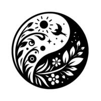 Black and white Yin Yang symbol with floral and celestial elements, depicting balance, harmony, and natures duality, including a bird in flight, a sun, stars, and stylized flowers. vector