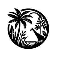 Silhouette of a giraffe amidst stylized tropical foliage, palm trees, and grassy vegetation enclosed in a black circular frame against a clean white background. vector