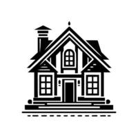 Elegant Black and White Minimalist Illustration of a Classic GableRoof House with Fireplace and Simple Geometric Elements vector