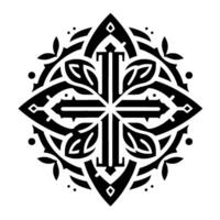Symmetrical Black and White Ornamental Cross featuring stylized leaves, geometric shapes, and a circular border, isolated on white. vector