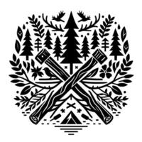 Circular Black White Illustration Crossed Axes, Forest, Tent, Bird, Moose, Foliage in a Rustic . vector