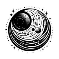 Abstract Cosmic Sphere Stylized Black and White Illustration of Celestial Bodies, Stars, and Orbiting Elements, Minimalist . vector