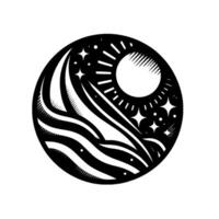 Abstract black and white circular featuring sun, stars, and flowing waterlike elements inside a modern minimalist composition. vector