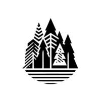 black and white minimalist forest scene enclosed within a striped semicircle, highlighting geometric trees. vector