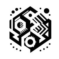 Geometric Hexagon Abstract black and white with interconnected shapes, lines, circles, and a tech aesthetic, perfect for modern art. vector