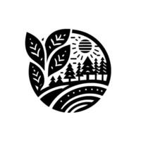 Circular Black and White Nature Illustration Sun, Trees, Leaves, and Abstract Landscape within a Symbolic Shape. vector