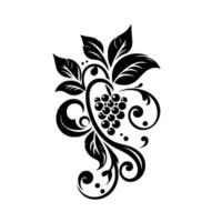 Elegant Black and White Illustration of Grapes and Leaves, Featuring Swirls and Ornate on a White Background. vector