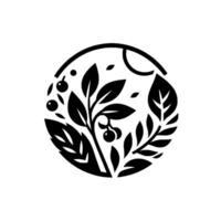 Circular Monochromatic Featuring Berries, Leaves, and a SunLike Element, Representing Natures Bounty in Minimalist . vector