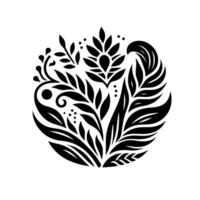Intricate Black and White Floral Composition Within a Circle, Featuring Leaves, Petals, and Decorative Elements, Minimalist Style. vector