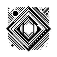 Geometric Black and White Square Featuring Concentric Diamond Shapes, Circles, Lines, and Dots on a Clean White Background. vector