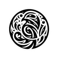 A symmetrical, circular of a stylized eagle profile in black and white, incorporating intricate, flowing lines, curves, and dots, reminiscent of a tribal tattoo. vector