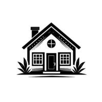 Monochromatic Illustration of a Cozy House with Chimney, Cross Window, Square Windows, Front Door, and Decorative Plants. vector