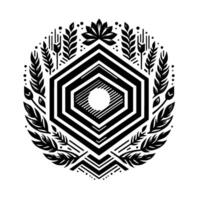 Intricate geometric mandala featuring stylized natural elements, including leaves, a lotus flower, and hexagonal patterns. vector