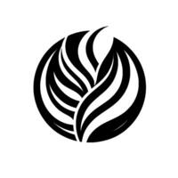 A stylized, minimalist featuring a black and white floral motif, resembling leaves or feathers, enclosed within a circular frame, set against a white background with subtle shadow. vector
