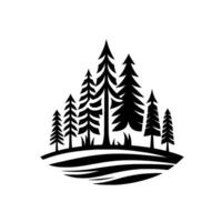 A stark black and white minimalist illustration showcasing a cluster of stylized evergreen trees on a textured ground, conveying a sense of nature and tranquility. vector