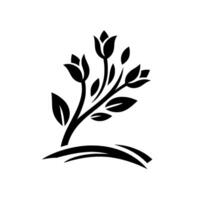 Minimalist Black White Illustration of a Blooming Floral Branch with Three Blossoms, Several Leaves, and a Curved Base. vector