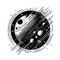Cosmic Sphere A stylized black and white illustration of a planet within a starry ring, with celestial bodies and meteor streaks. vector